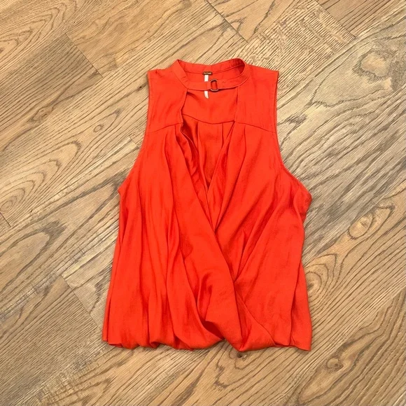 EUC. ✵☽Free People☾✵ Orange <So Fine> Surplice Choker Sleeveless Blouse Top | XS - Picture 9 of 13